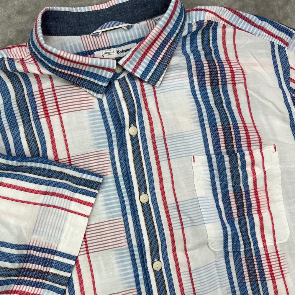 Tommy Bahama Pelosa Stripe Shirt Mens 2XL Red White Blue Button Up Beach Coastal